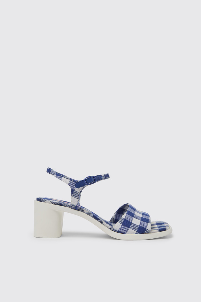 Side view of Meda Blue and white recycled cotton sandals for women