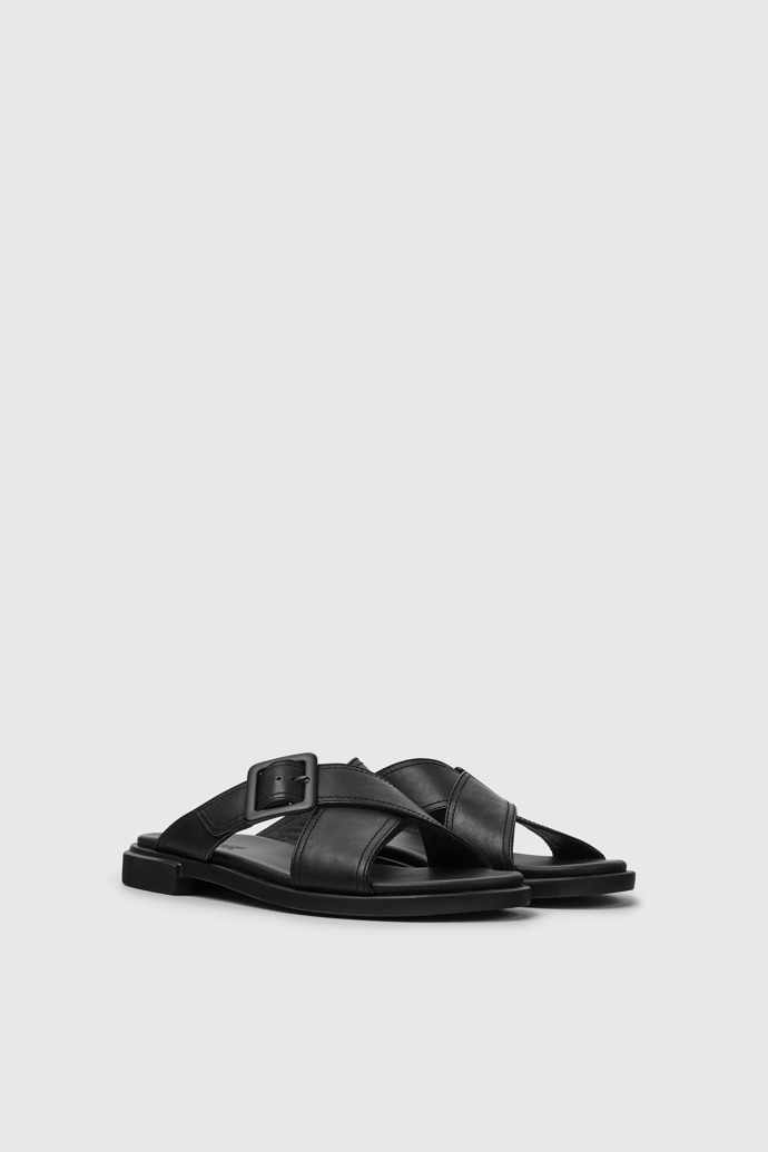 Front view of Edy Black leather sandals for women