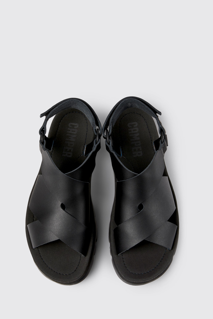 Overhead view of Oruga Up Black leather sandals for women