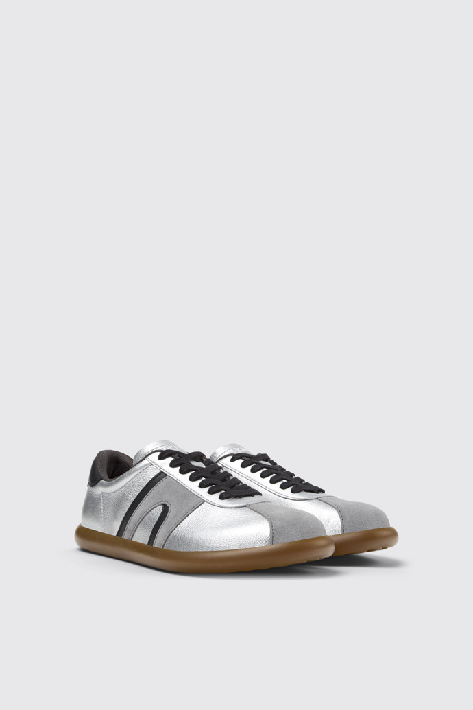 Front view of Pelotas Soller Silver-black Leather Women's Sneakers.