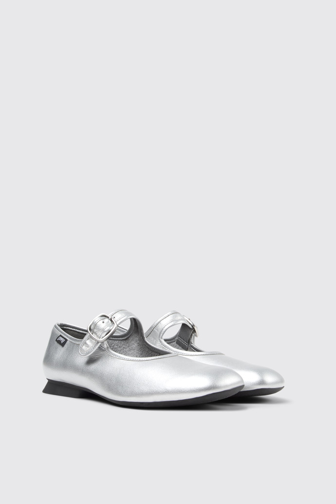 Front view of Casi Myra Silver Leather Shoes for Women.