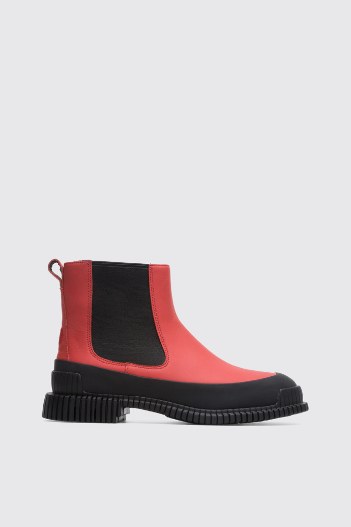 Side view of Pix Red and black ankle boot for women