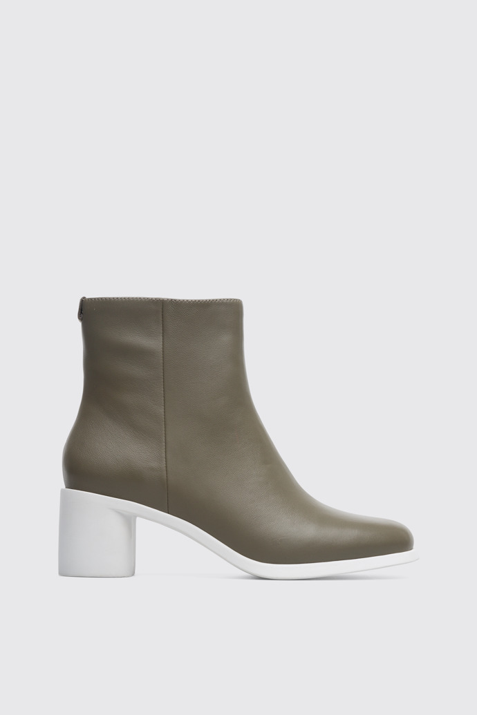 Side view of Meda Grey green zip up ankle boot for women