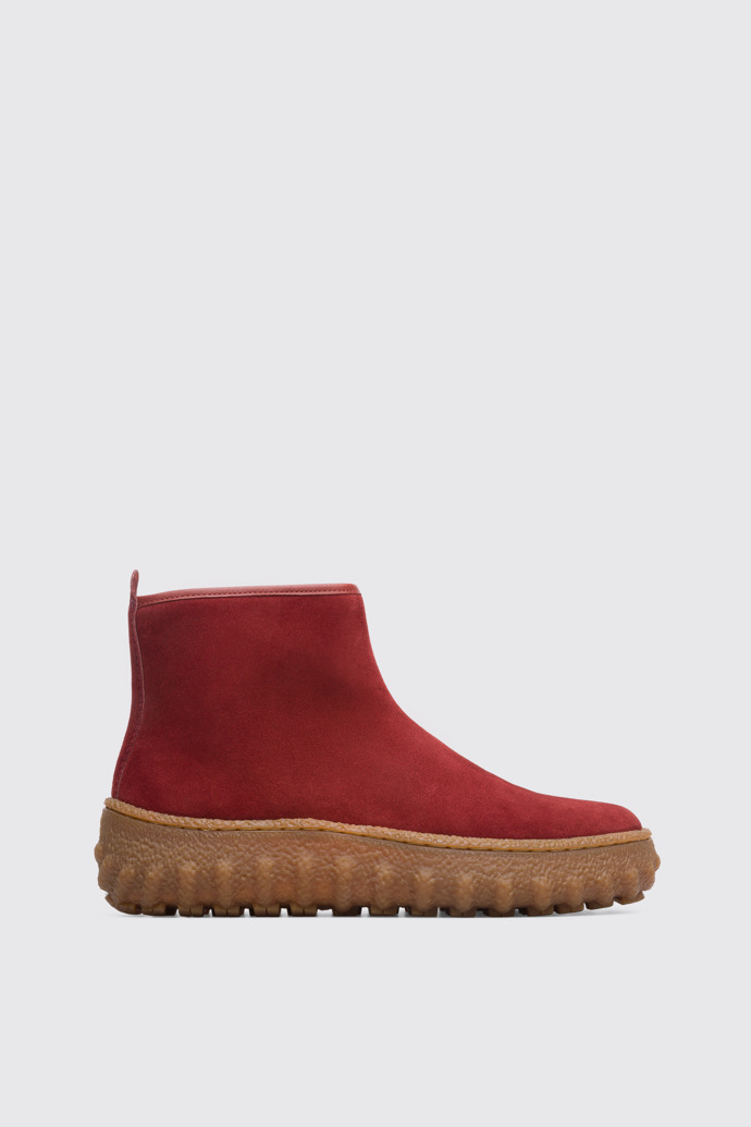 Side view of Ground Women's red ankle boot with zip