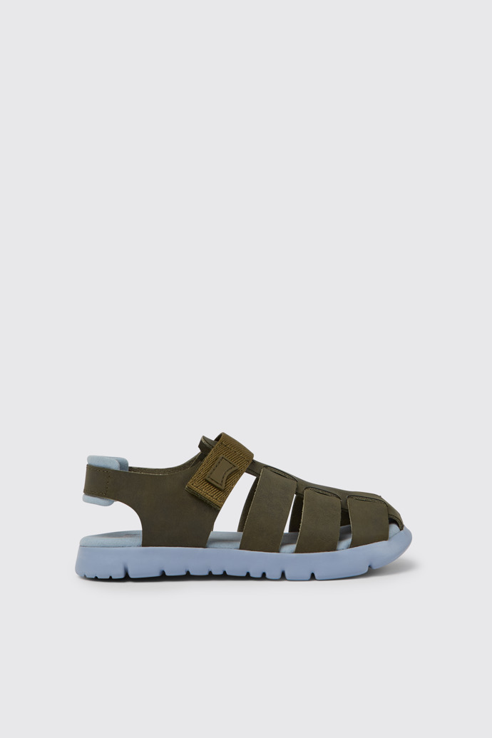 Side view of Oruga Green leather sandals for kids