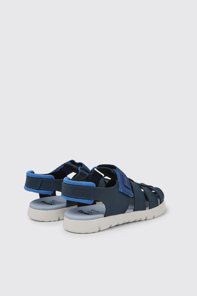 Back view of Oruga Blue leather sandals for kids