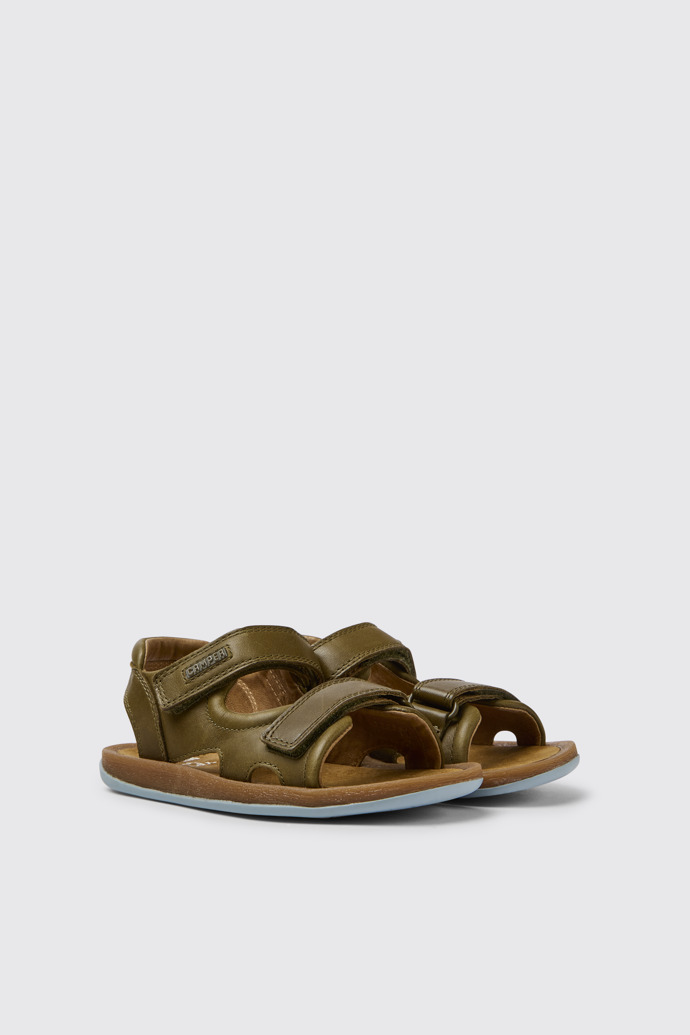 Front view of Bicho Green leather sandals for kids