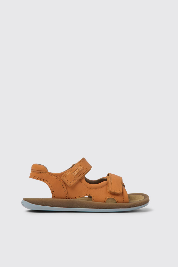 Side view of Bicho Orange leather sandals for kids