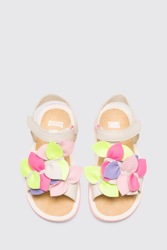 Overhead view of Twins Beige and multi-colored girl’s strappy sandal