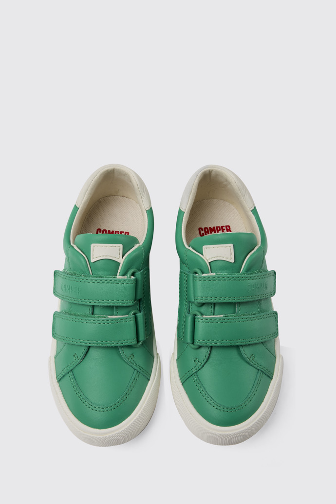 Overhead view of Pursuit Green and white sneakers for kids