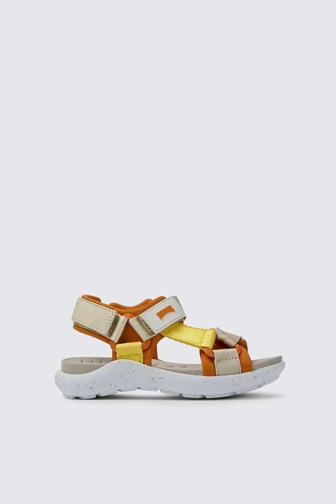 Side view of Wous Yellow, orange, and beige sandals for kids
