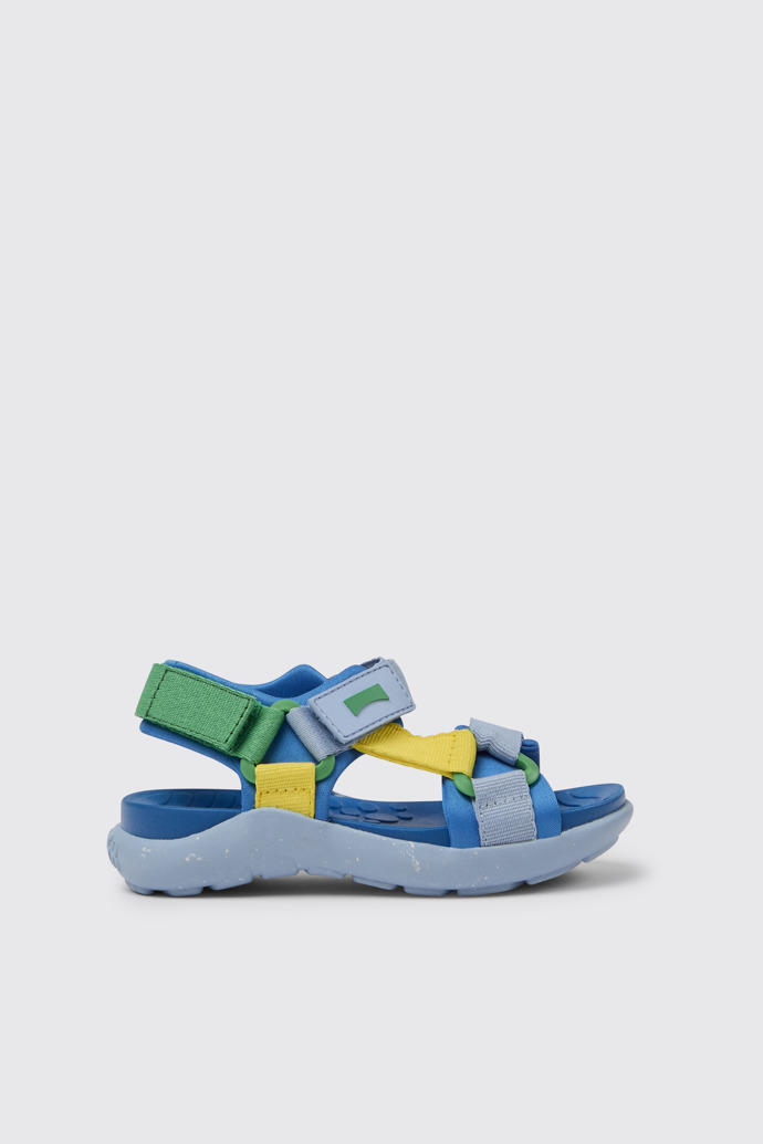 Side view of Wous Blue, yellow, and green sandals for kids