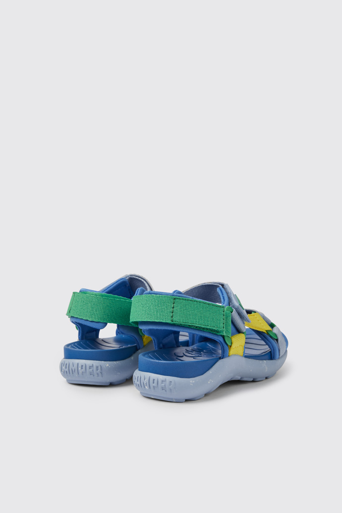 Back view of Wous Blue, yellow, and green sandals for kids