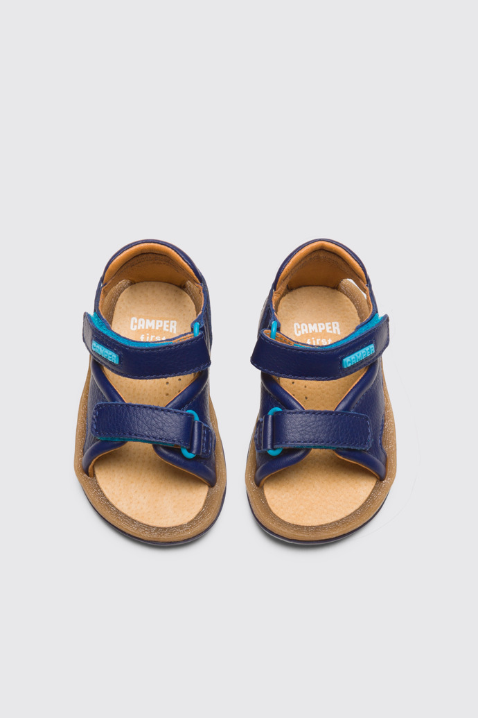 Overhead view of Bicho Blue strappy kids’ sandal