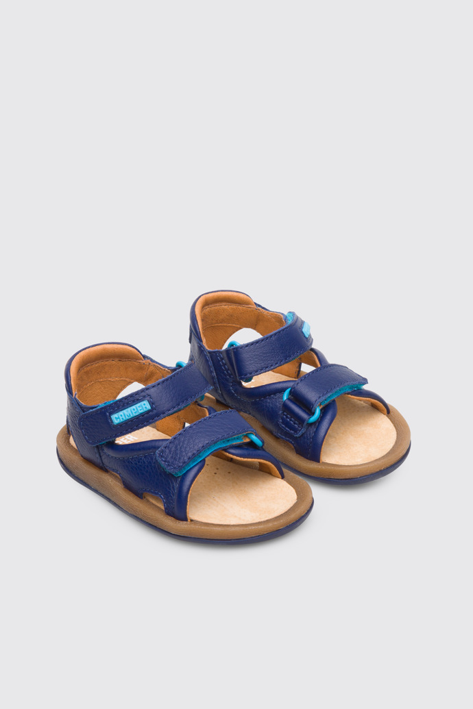 Front view of Bicho Blue strappy kids’ sandal