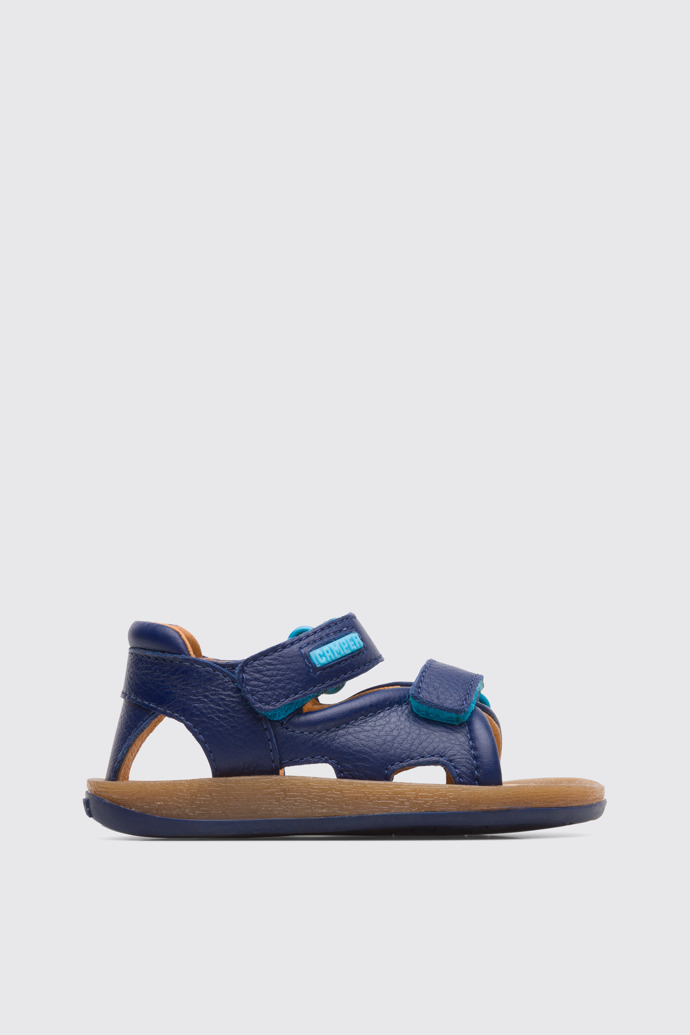 Side view of Bicho Blue strappy kids’ sandal