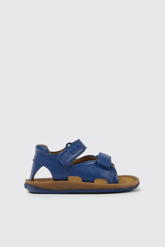 Side view of Bicho Blue leather sandals for kids