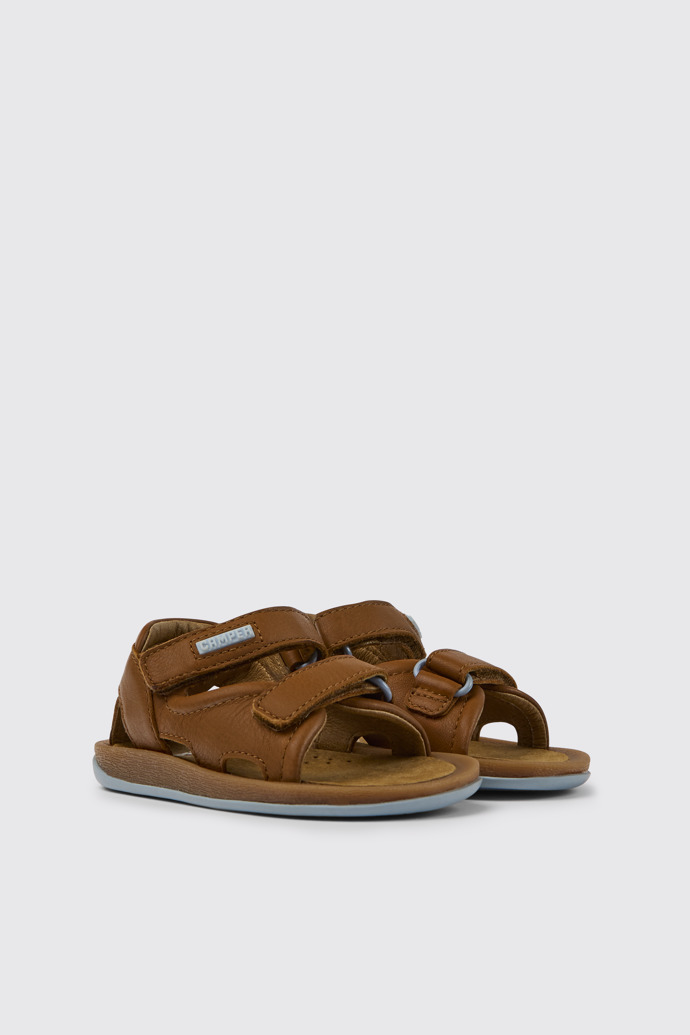 Front view of Bicho Brown leather sandals for kids
