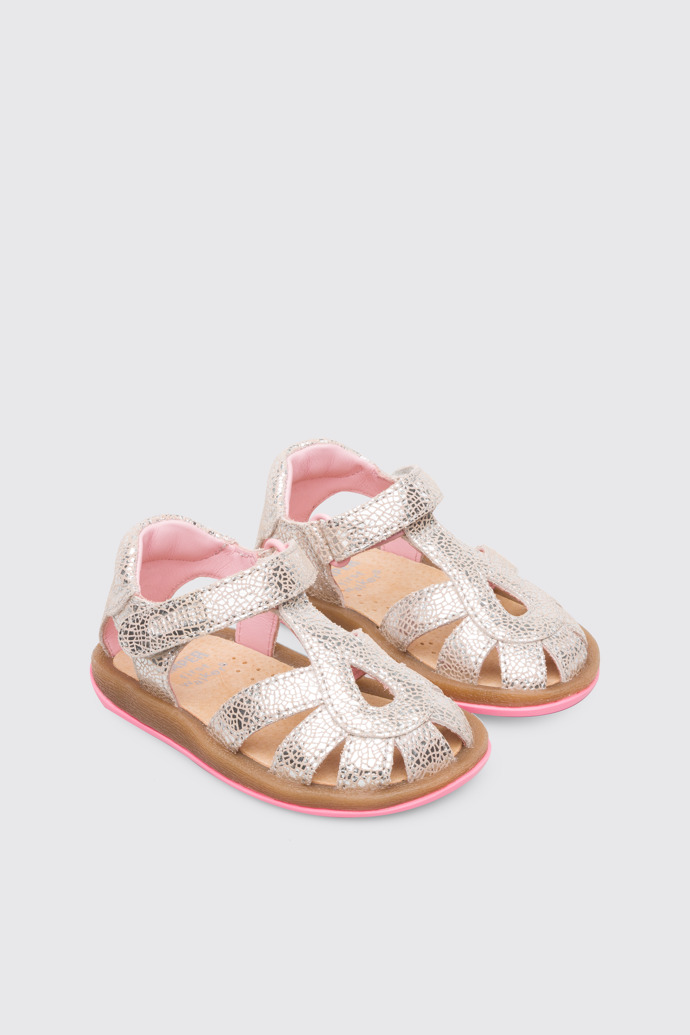 Front view of Bicho Closed silver T-strap kids’ sandal