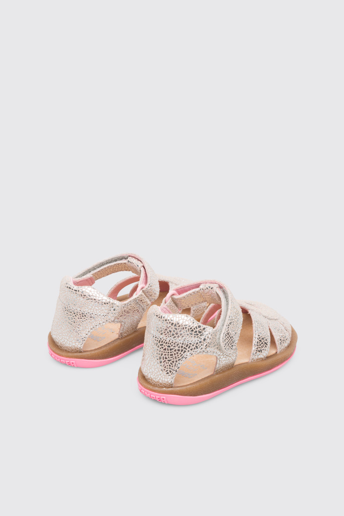 Back view of Bicho Closed silver T-strap kids’ sandal