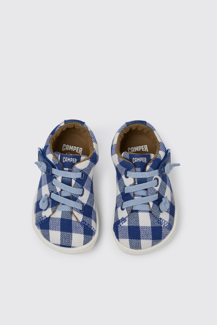 Overhead view of Peu Blue and white shoes for kids