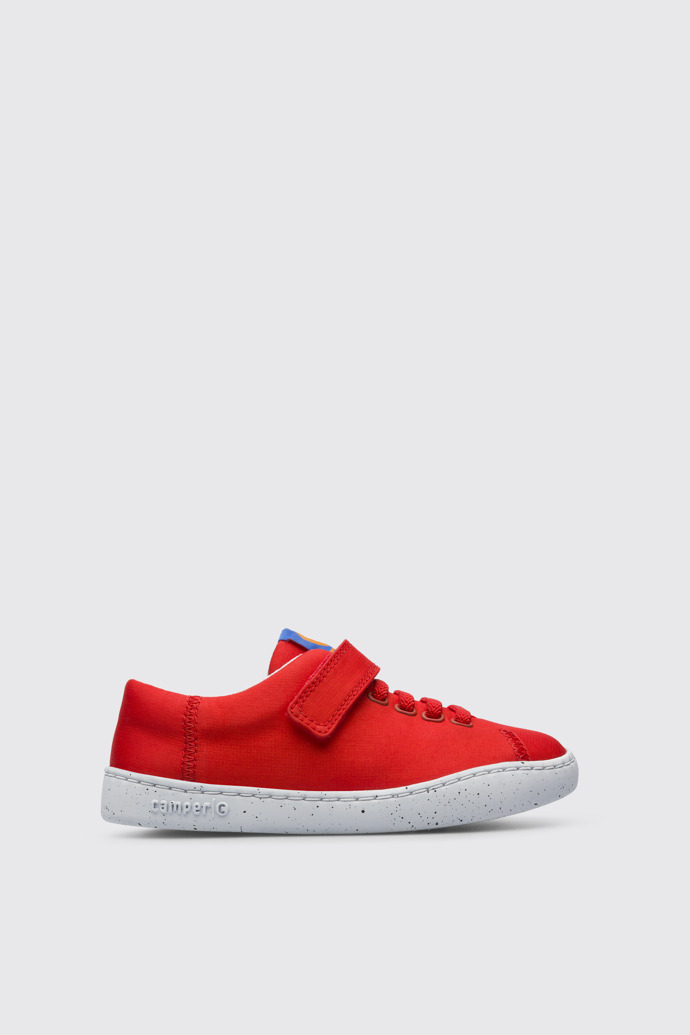 Side view of Peu Touring Red shoe with velcro and laces for kids