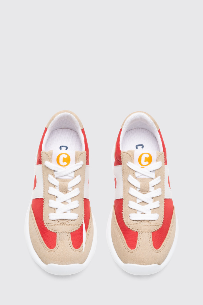 Overhead view of Driftie Red, white and beige kids’ sneaker