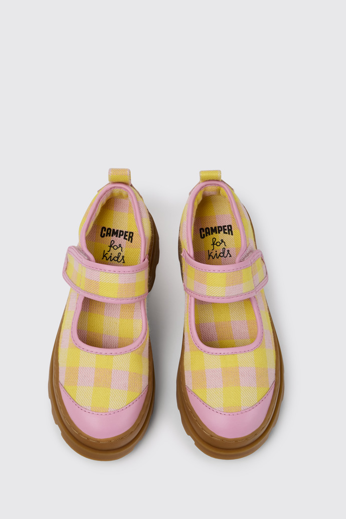 Overhead view of Brutus Pink and yellow Mary Jane shoes for kids