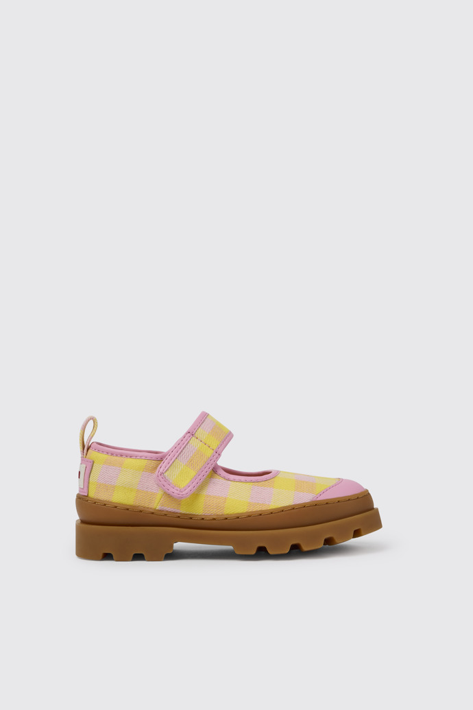 Side view of Brutus Pink and yellow Mary Jane shoes for kids