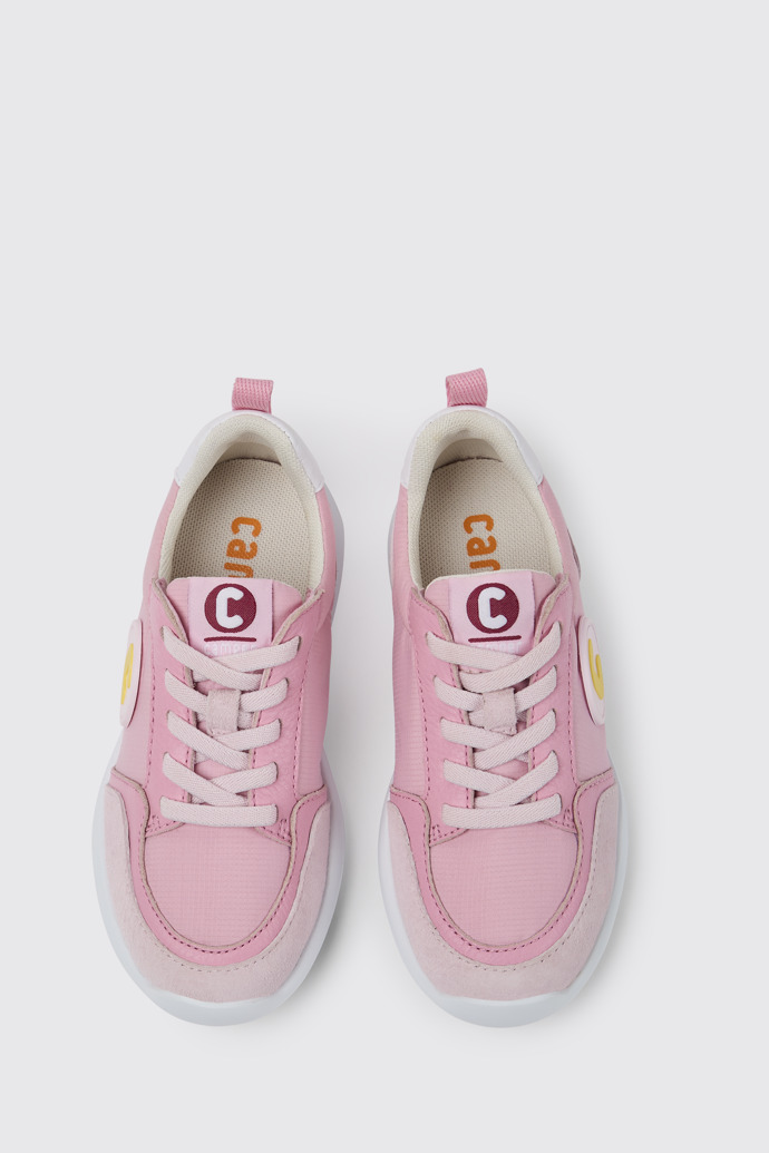 Overhead view of Driftie Pink and white sneakers for girls