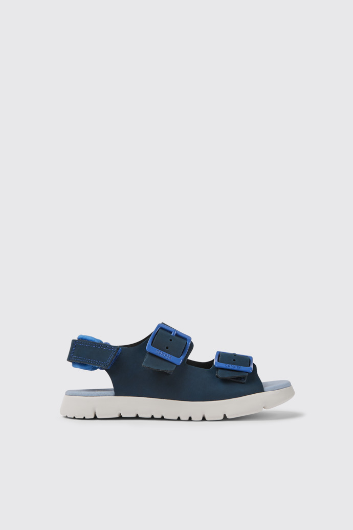 Side view of Oruga Blue leather sandals for kids