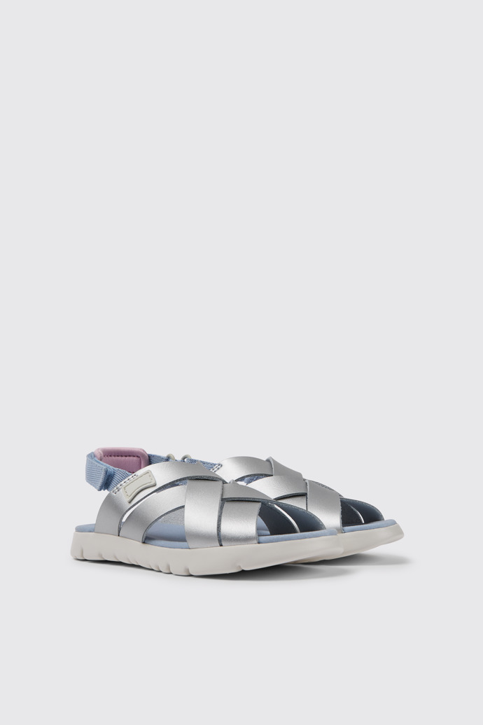 Front view of Oruga Silver leather sandals for kids