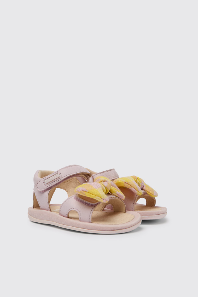 Front view of Bicho Pink and yellow sandals for kids