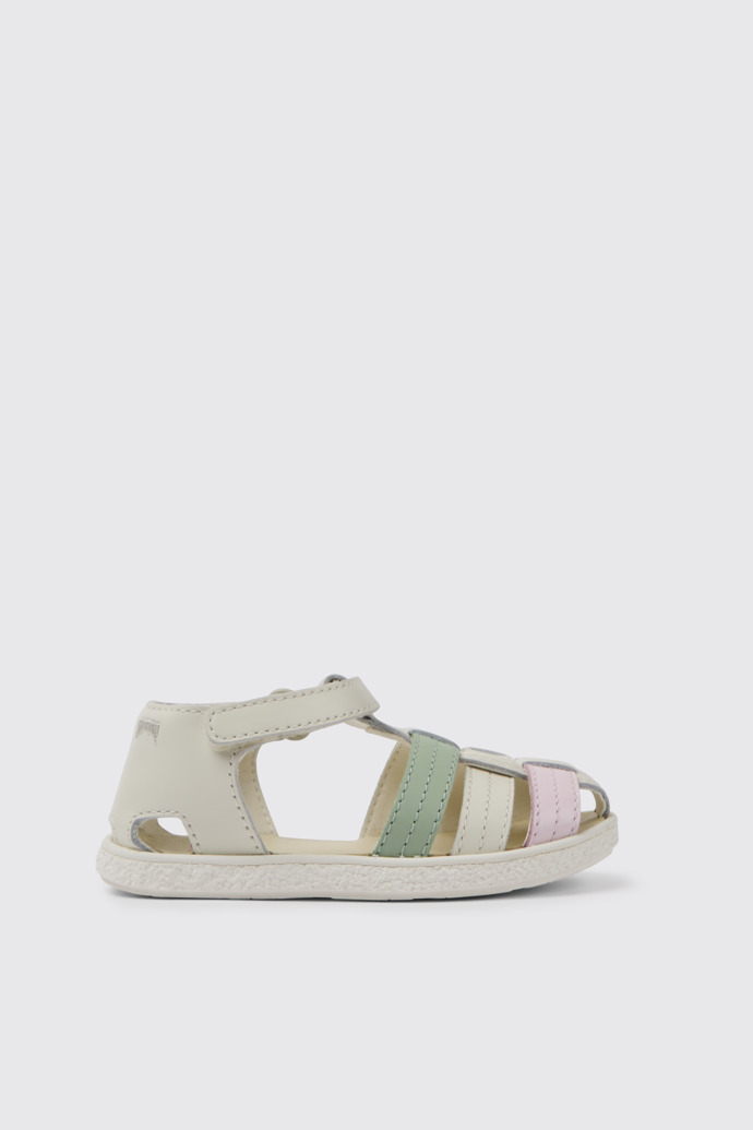Miko Witte, groene en roze leren sandalen