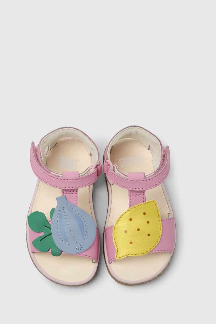 Overhead view of Twins Pink leather sandals for girls