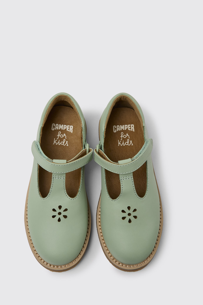 Overhead view of Savina Green leather shoes for girls
