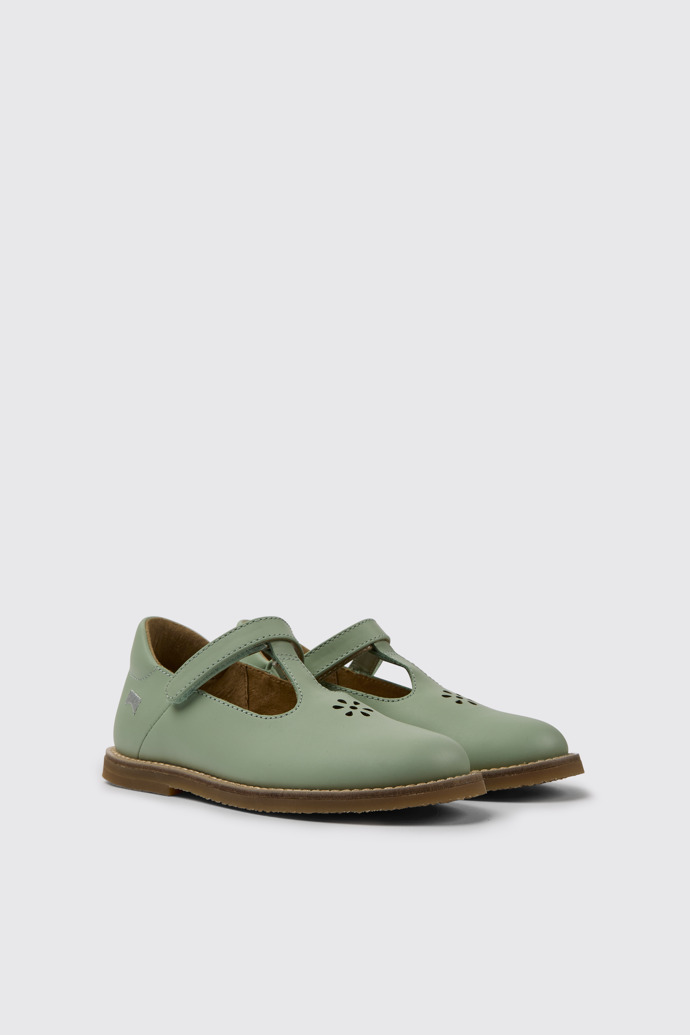 Front view of Savina Green leather shoes for girls