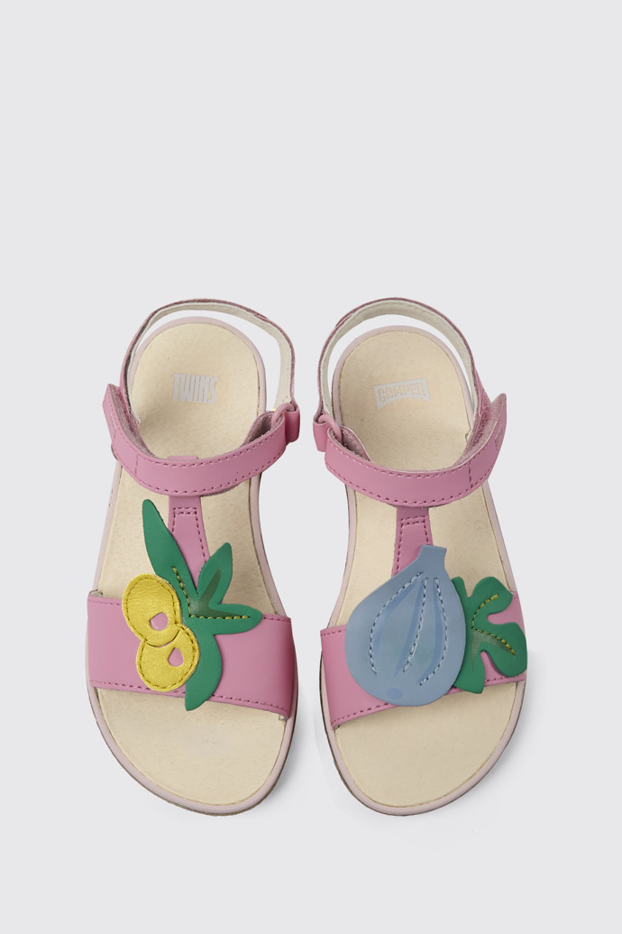 Overhead view of Twins Pink leather sandals for girls