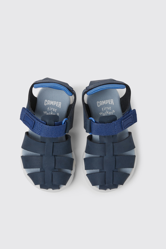 Overhead view of Oruga Blue leather and textile sandals