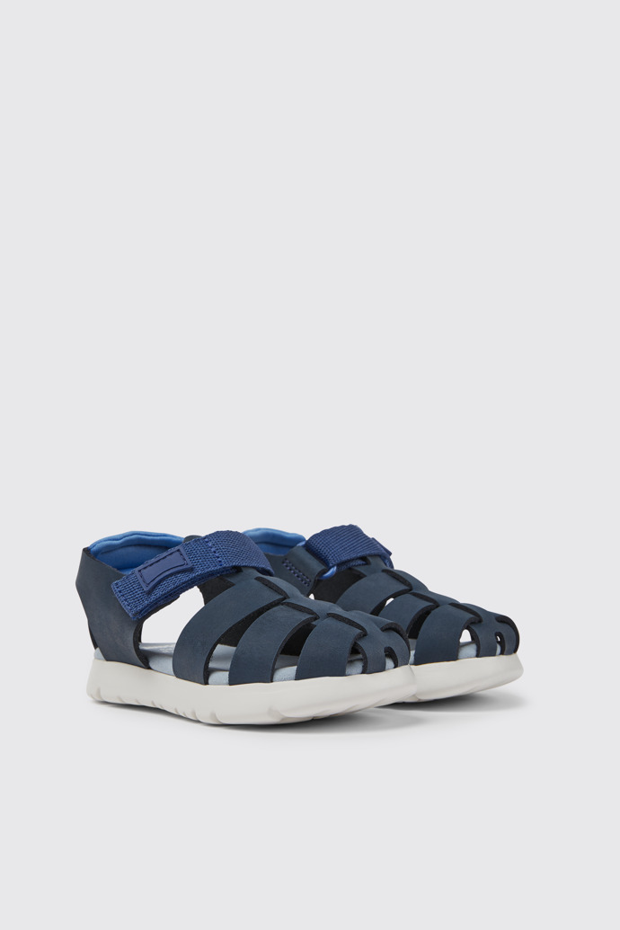 Front view of Oruga Blue leather and textile sandals
