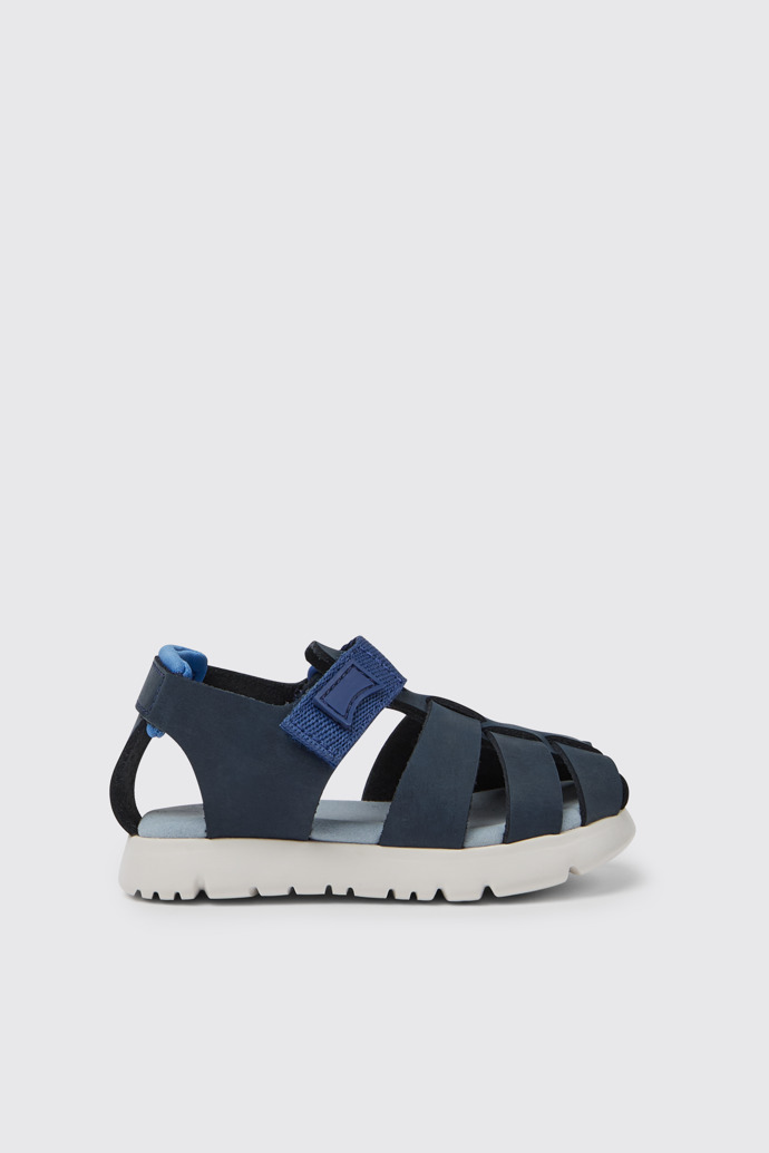 Side view of Oruga Blue leather and textile sandals