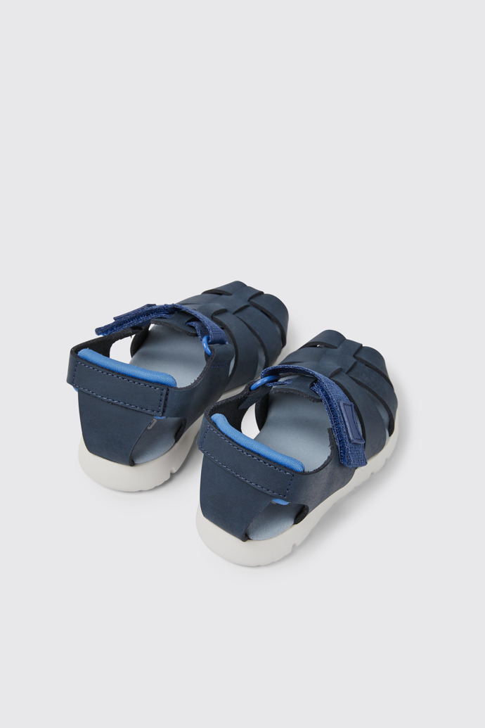Back view of Oruga Blue leather and textile sandals