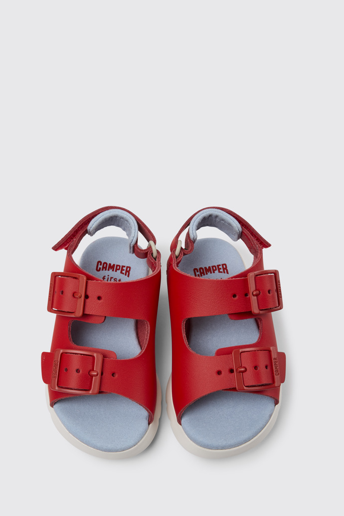 Overhead view of Oruga Red leather sandals for kids