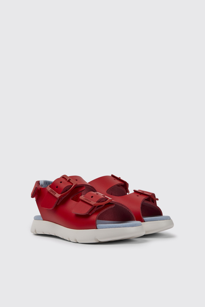 Front view of Oruga Red leather sandals for kids