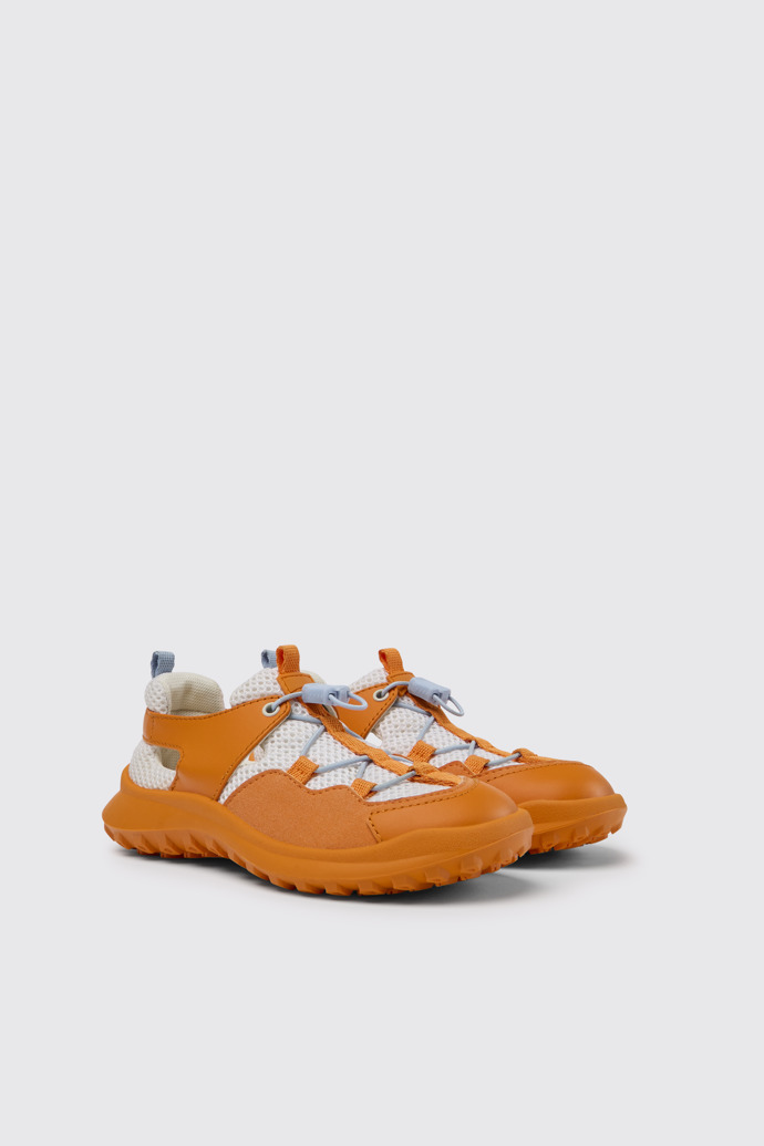 Front view of CRCLR White and orange sneakers for kids