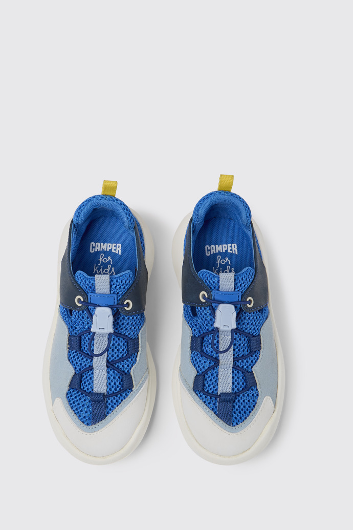 Overhead view of CRCLR Blue and white  sneakers for kids