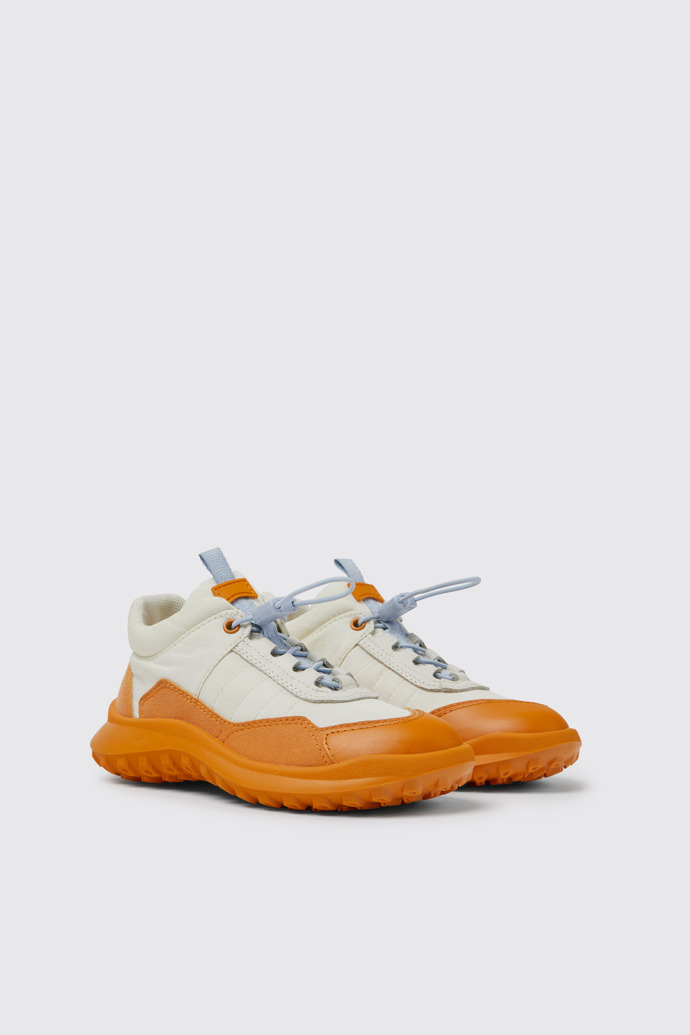 Front view of CRCLR White and orange sneakers for kids