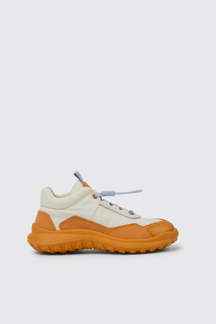 Side view of CRCLR White and orange sneakers for kids