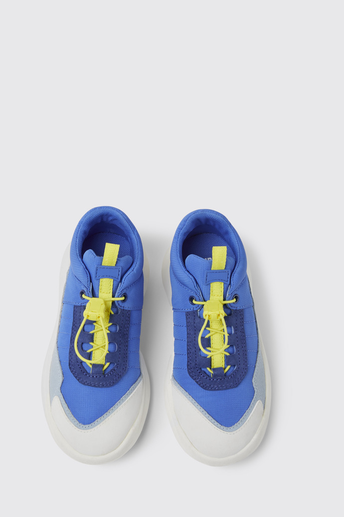 Overhead view of CRCLR Blue and white sneakers for kids