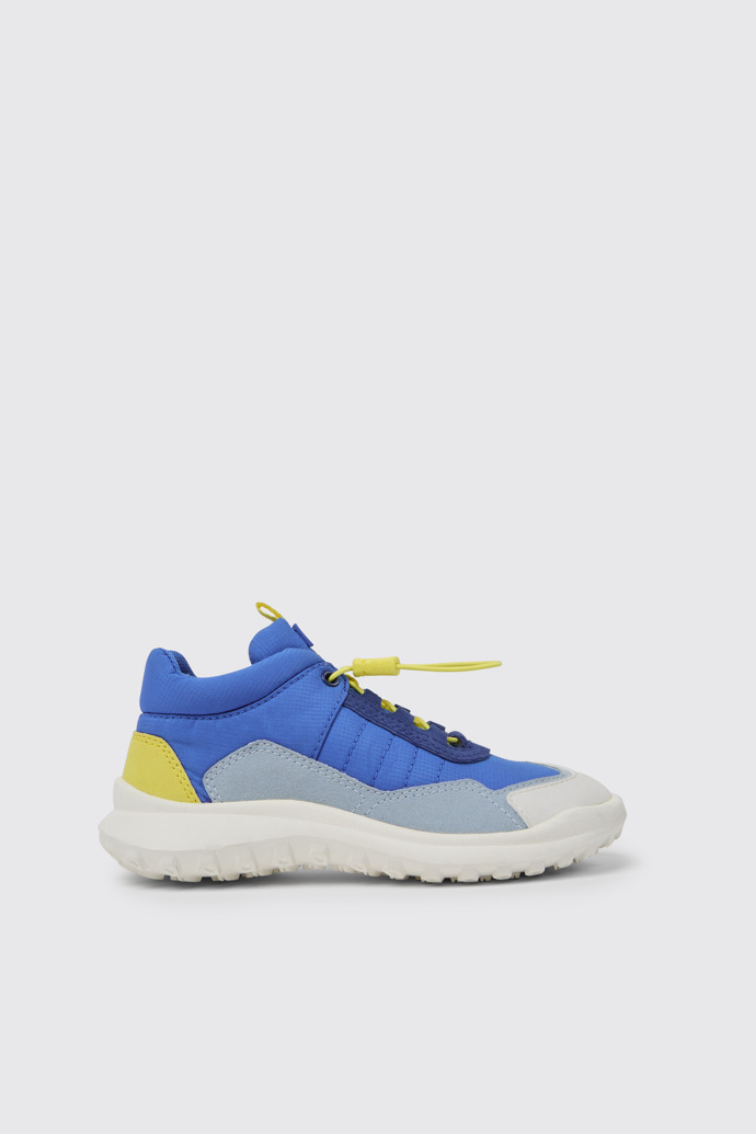 Side view of CRCLR Blue and white sneakers for kids